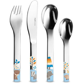 Дитячий ергономічний набір столових приборів Puresigns (4 шт.) з нержавіючої сталі 18/10 – Безпечний та довговічний – Мотиви лісових тварин (ведмедик, барсук, кабан) – Можна мити в посудомийній машині – Ідеально для малюків та тих, хто вчиться їсти