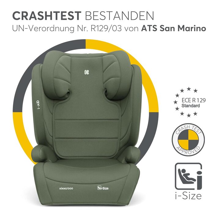 Автокрісло KikkaBoo 15-36 кг i-AID, група 2-3 (3-12 років), i-Size, регульована підголовник, армійний зелений