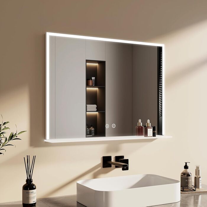 Дзеркало для ванної кімнати EMKE з підсвічуванням 80x60 см, з полицею, антизапар, регульоване холодне біле світло 6500K, сенсорне управління, функція пам'яті, прямокутне дзеркало для ванної кімнати (з полицею) 80Ш x 60В см