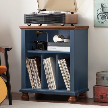 LELELINKY Підставка для програвача, полиця для платівок, містить до 200 платівок, великий дерев'яний стіл для програвача, полиця для платівок у вітальню, спальню, офіс (Блакитний)