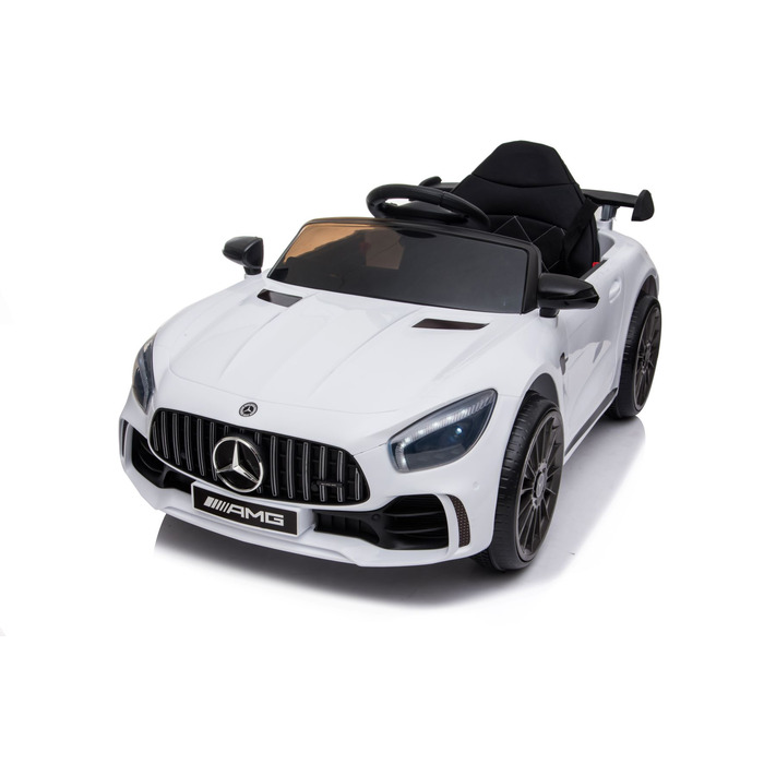 Дитячий електромобіль Mercedes GTR-S: м'які колеса EVA, шкіряне сидіння, білий колір, з пультом ДК
