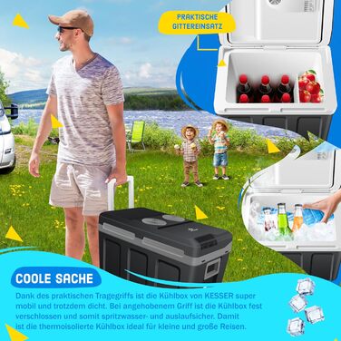 Термобокс KESSER® 40L з колесами | Холодильник-грілка 12/230V | Для авто, човна, кемпінгу | З акумуляторами холоду та тримачами для напоїв (Чорний/Сірий)