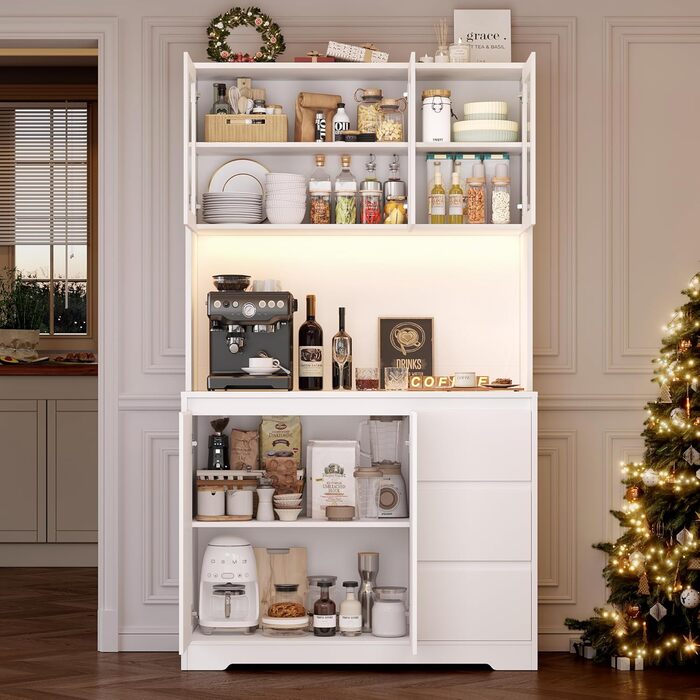 Кухонна шафа FirFurd з LED-підсвічуванням, буфет, комод з робочою поверхнею, 3 висувні ящики, регульована полиця, 180x100x38.5 см (білий)