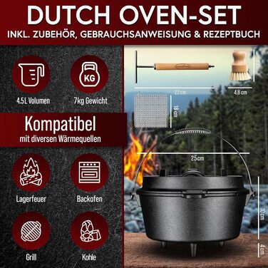Набір голландської печі з емальованого чавуну 4,5 л (2-4 особи) – для 2-4 осіб, з ніжками, подвійна функція, кришка-підйомник 2в1, чистящий кільце, щітка та кулінарна книга – гарантія 30 років