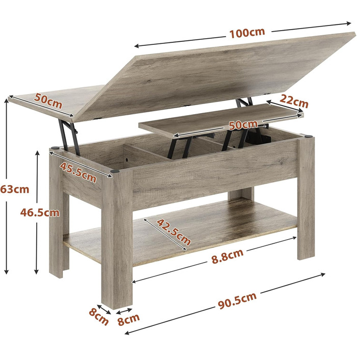 Регульований по висоті журнальний столик 3 в 1 з місцем для зберігання, можна використовувати як обідній стіл, Сірий