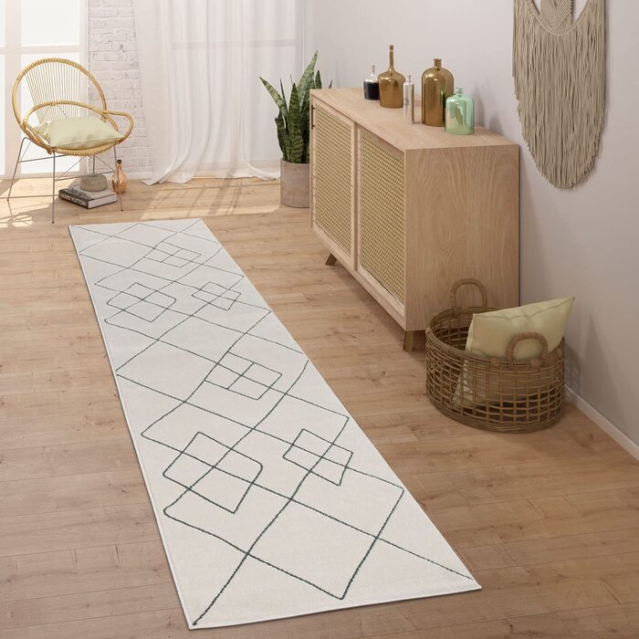 Домашній килим Paco з коротким ворсом для передпокою, спальні, Сучасний скандинавський ромбоподібний візерунок, розмір колір (80x150 см, білий)