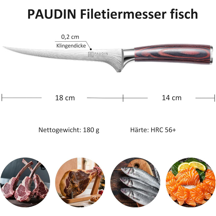 Ніж сантоку PAUDIN з дамаської сталі, 13 см - професійний кухонний ніж для кухні, надзвичайно гострий, з високоякісної нержавіючої сталі та ергономічною ручкою G10 (рибний ніж 18 см)