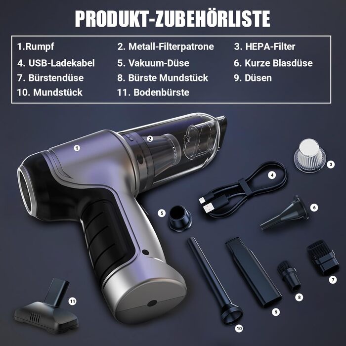 Акумуляторний ручний пилосос 18000Па 120Вт, портативний міні-пилосос для авто, дому та кухні, для вологого та сухого прибирання (шерсть тварин), чорний