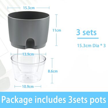 Набір горщиків для квітів з самополивом, 6 шт. (сірий), 22.3/15.3/10.5/8.2 см - для кімнатних рослин, квітів та трав'яних культур