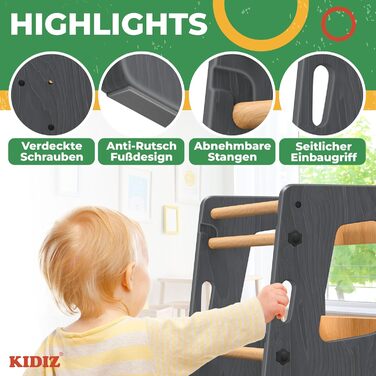 КІДІЗ® навчальний стільчик для дітей від 1 року | 3-ступеневий регульований по висоті | з навчальним годинником | дерев'яний (сосна) | розвиває моторику | Montessori Learning Tower | до 50 кг | антрацит & сосна