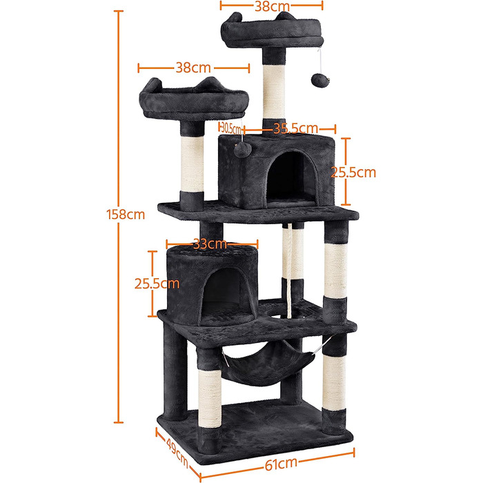 Котяче дерево котяче дерево, з 2 котячими будиночками і 2 платформами, стійка меблі для кішок з сизалю 158 см (чорний)
