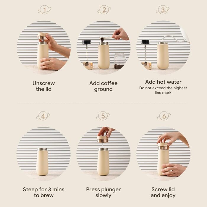 RECAFIMIL Французька кавомашина для подорожей з нержавіючої сталі, 340 мл, для кемпінгу та подорожей, кремовий колір