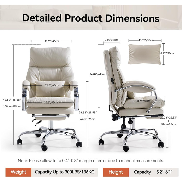 Крісло офісне EMIAH з підніжкою, комфортне крісло для роботи з підлокітниками, ергономічний крісло для начальника з PU шкіри та роликами, ігрове крісло з потовщеною подушкою, без функції масажу (Бежевий)