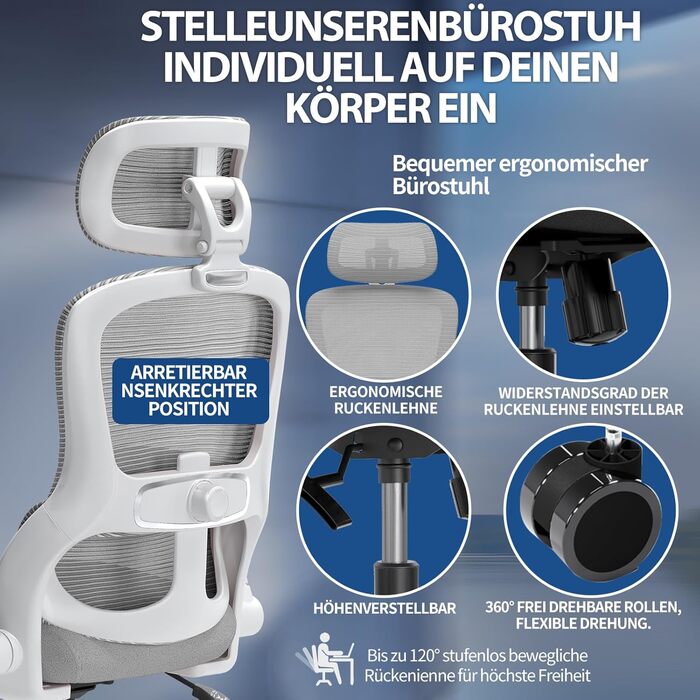 Офісне крісло TRALT Ergonomic - ігрове крісло з регульованою підголівником та поперековою підтримкою. Крісло для дому та офісу, комп'ютерне крісло для великих людей, сітчасте крісло, вантажопідйомність 150 кг (Сірий)