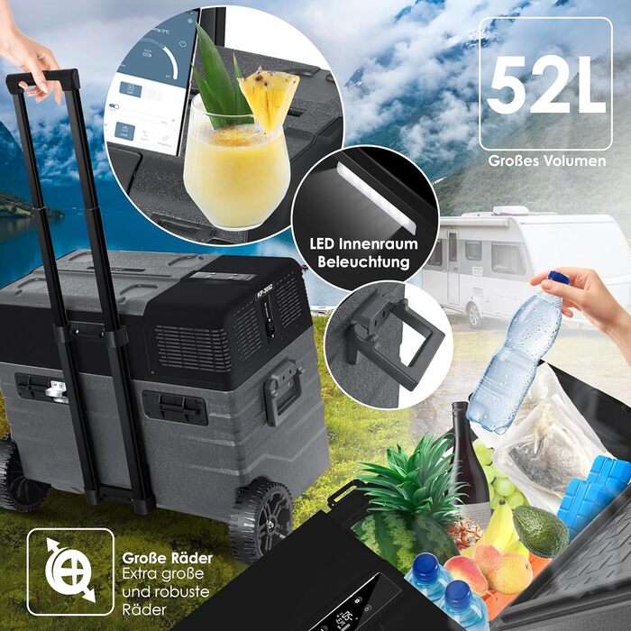 Холодильник-морозильник KESSER® Kompressor 52 л, з керуванням через APP, USB, 12/24/230V, -20°C, для авто/човнів, з телескопічною стійкою та коліщатами