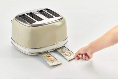 Тостер на 4 скибочки, ретро-тостер з 6 рівнями тостів, автоматичне виймання, функція розморожування, знімний відсік для крихт, корпус з нержавіючої сталі, 1600 Вт, бежевий, 156