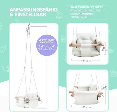 Дерев'яна гойдалка для малюків Cateam - ідеальна для дому та саду. З безпечним ремінцем, від 12 місяців. Елегантно-кремовий колір.