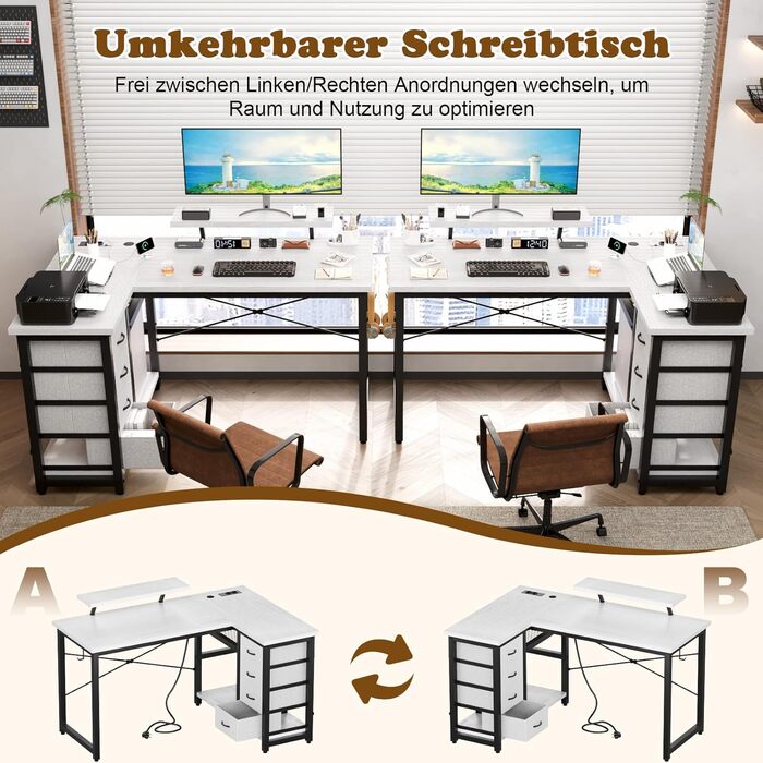 Комп'ютерний стіл L-подібний Devoko з 4 ящиками з тканини, 2 розетками та 2 USB-портами, для дому та офісу, ігор, білий, 140x80 см