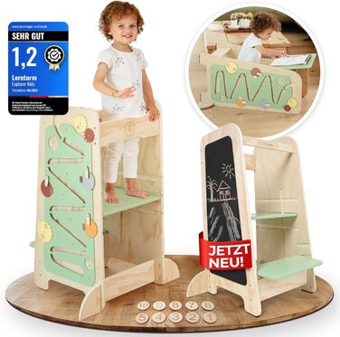 Дерев'яний навчальний столик-лесенка EXPLORER Kids® Montessori 5-в-1 | Регульована висота, захист від падіння, захист від перекидання | Розвиває моторику, цифри та форми | Білий та салатовий кольори | Для дітей від 1 року