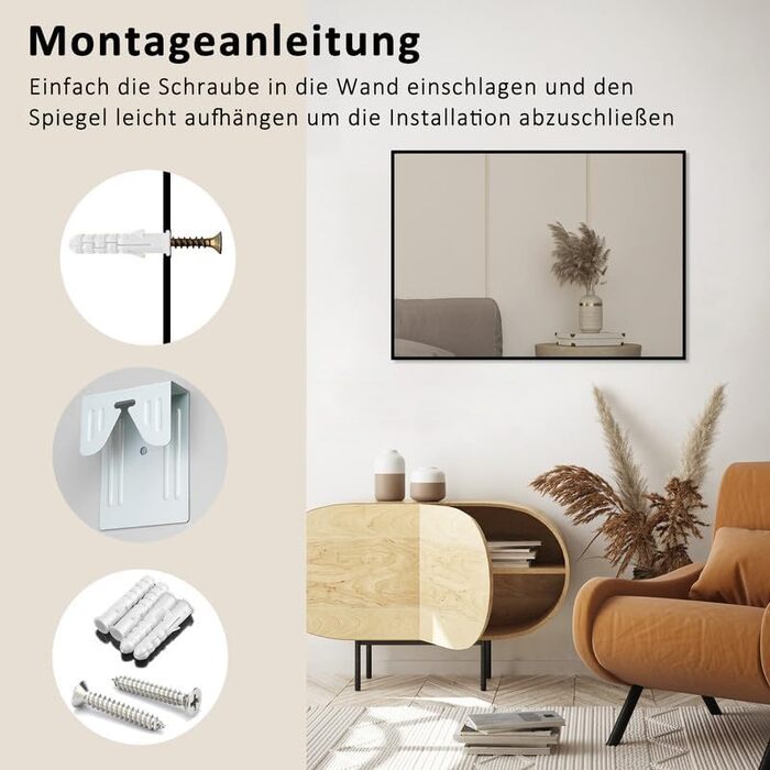 Круглий дзеркало Boromal Schwarz з реміннем, великий настінний дзеркало для ванної кімнати, вітальні, спальні, передпокою, 50x70 см