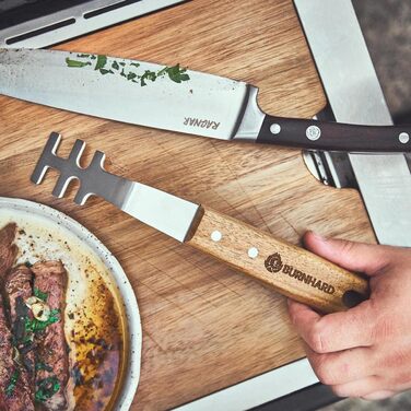 Набір гриль-посуду BURNHARD 5 предметів, 42 см, акацієве дерево, нержавіюча сталь. Комплектація: щипці, лопатка, виделка, щітка, підйомник для решітки.