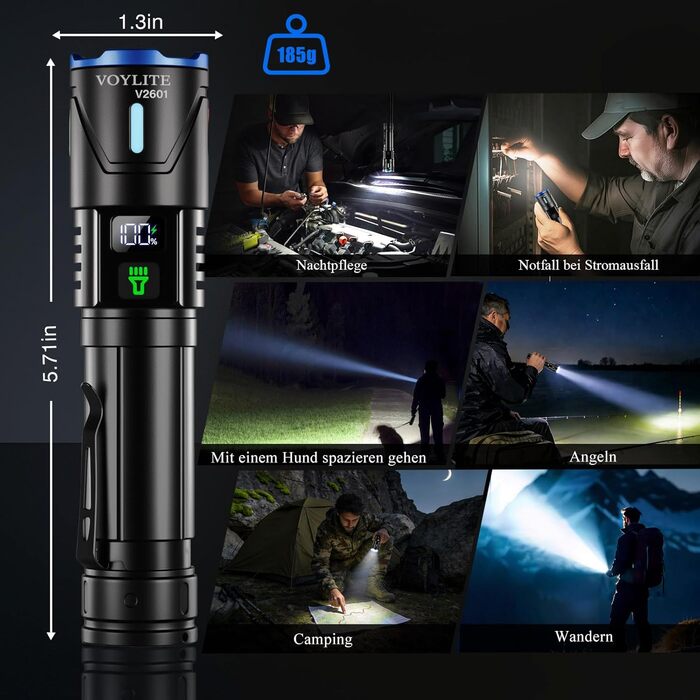 Набір тактичних LED ліхтарів (2 шт.) 1 000 000 Люмен, потужний зарядний ліхтар з зумом, 3 режими освітлення, водонепроникний IPX7 для кемпінгу та туризму, чорний з кольоровими акцентами