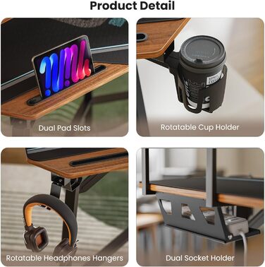 Ігровий стіл EUREKA ERGONOMIC 160x74 см з крилами для геймінгу, PC, Home Office, Live Streaming, 2 слоти для iPad, горіховий колір