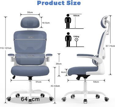 Офісний стіл Naspaulro: ергономічний крісло з регульованою підголівником, підлокітниками та підтримкою попереку. Дихаючий сітчастий матеріал для дому та офісу.
