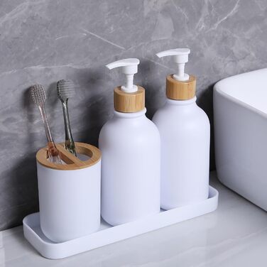 Набір аксесуарів для ванної кімнати, 9 шт. з бамбука: сміттєвий бак, дозатор мила, тримач для зубних щіток, щітка для унітазу, контейнер для ватних паличок, мильниця (білий мат)