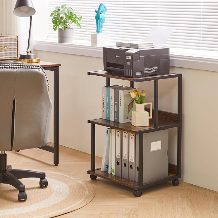 Стійка для принтера IBUYKE з полицею, 3-рівнева, на колесах, коричнева. Організатор для дому та офісу, візок для принтера, теплового пресу, мікрохвильової печі та міні-холодильника. Модель TPS001H
