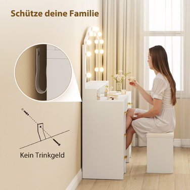 Туалетний столик з 10 LED-лампами в стилі Голлівуд, дзеркалом, 7 висувними ящиками, 3 відділеннями, МДФ, білий