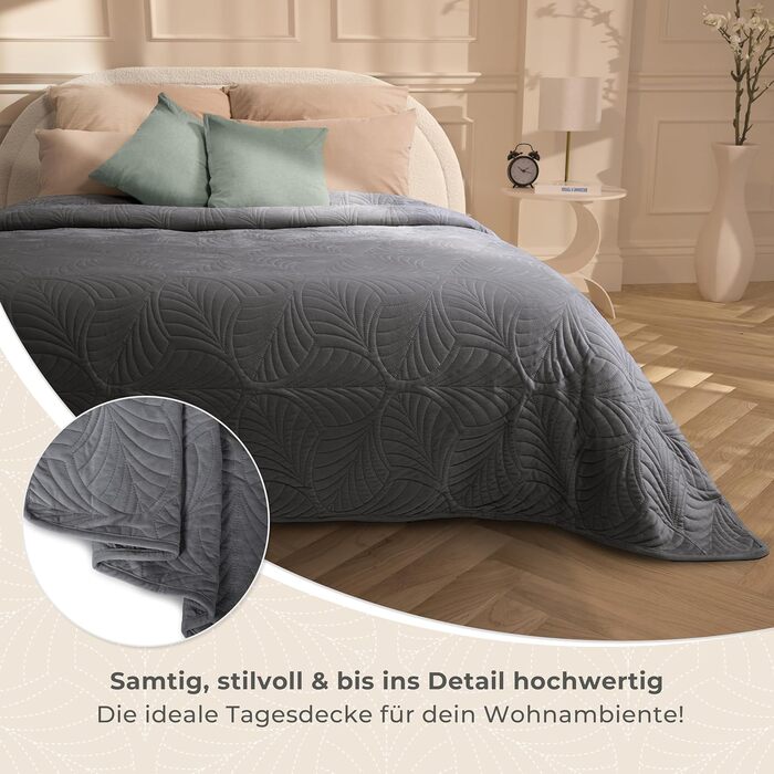 Преміум ковдра-плед Grafensteyn 200x220 см – м'яка, безшовна стежка, дизайн листя, велюрова тканина – для ліжка та дивану (антрацитовий)