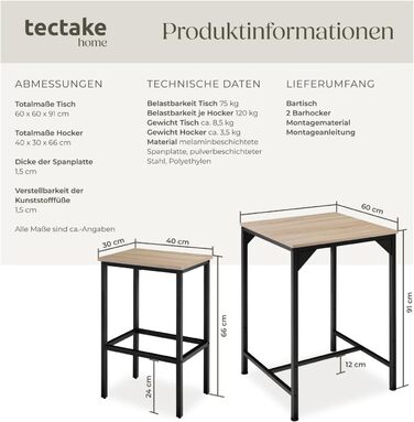 Набір барних меблів tectake® (стіл + 2 стільці) Industrial Style, світле дерево (Eiche Sonoma)