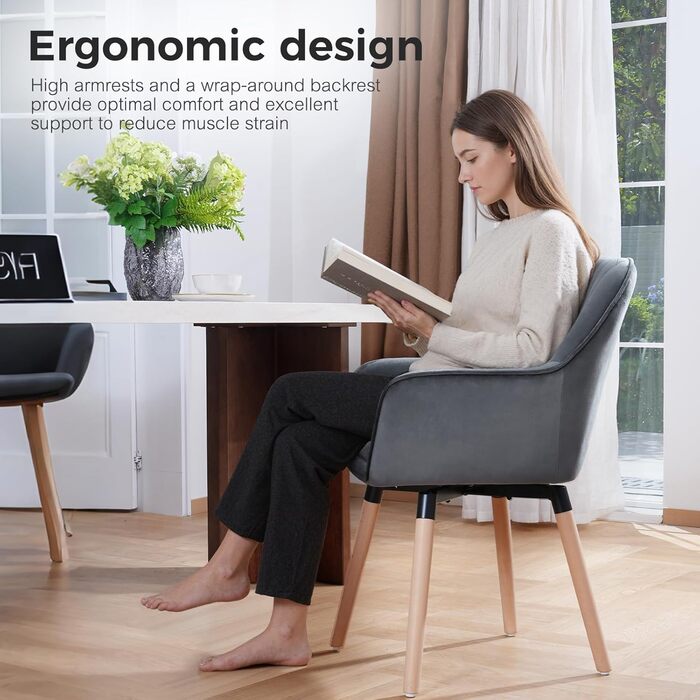 Крісла для їдальні ELUCHANG (2 шт), 360° обертання, товста подушка 10 см, високі підлокітники, сірий велюр, до 150 кг, для спальні, кухні, вітальні