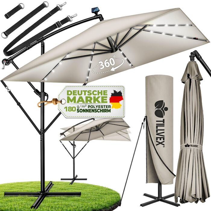 Прямокутна алюмінієва парасолька від сонця tillvex® 330 см з LED-підсвіткою, ручкою та чохлом, боковий стілець-опора, захист від UV та води (Taupe)