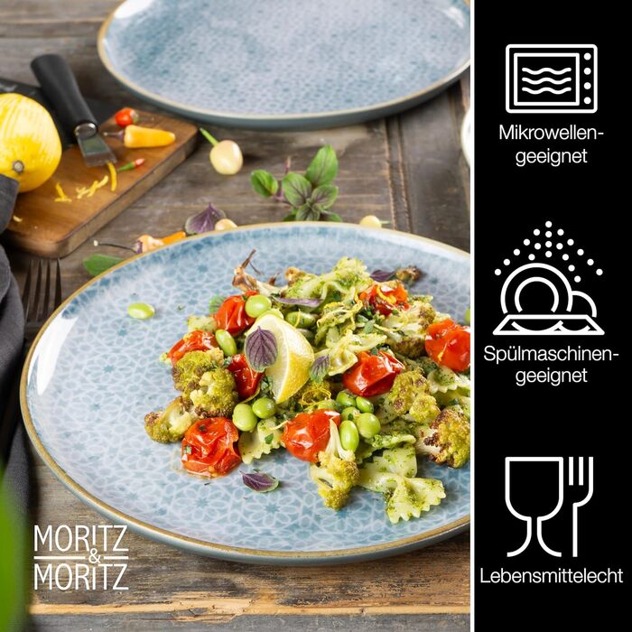 Набір посуду Moritz & Moritz TERRA на 6 осіб: 6 тарілок для їжі, десертних тарілок, мисок (Азурний блакитний), 6 великих тарілок з високоякісного порцеляну