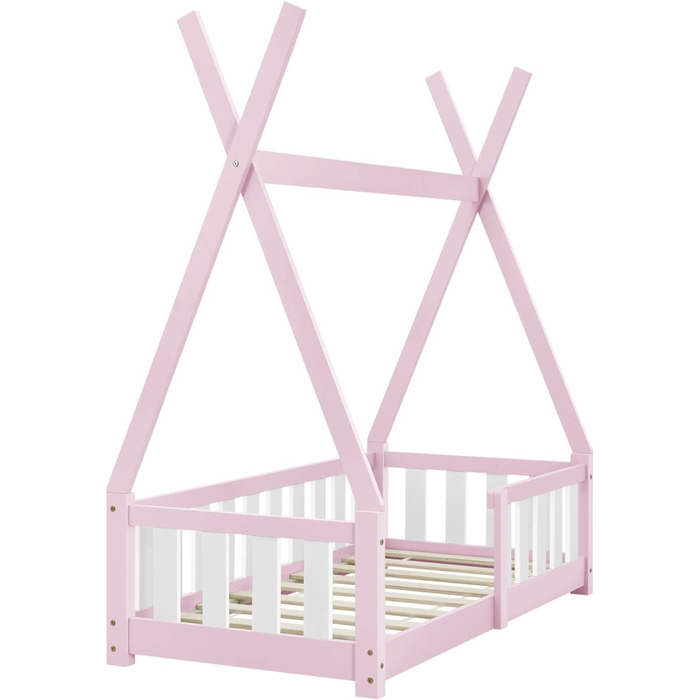 Дитяче ліжко Helsingborg 70x140см із захистом від падіння в дизайні tipi з деревини сосни Ліжко молодіжне Ліжко дерев'яне Ліжко Ліжко-будиночок (рожевий)
