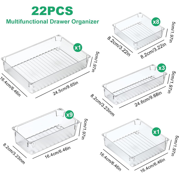 Система органайзерів для ящиків, прозора, 5 розмірів для макіяжу, офісу, ванної кімнати, кухні, 22 шт.