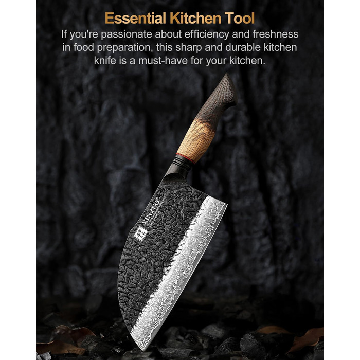 Ніж кухарський XINZUO Damaststahl 19,3 см з фінішною обробкою Hammer, професійний, з нержавіючої сталі Дамаск, з ергономічною ручкою з білого дуба, серія Mo