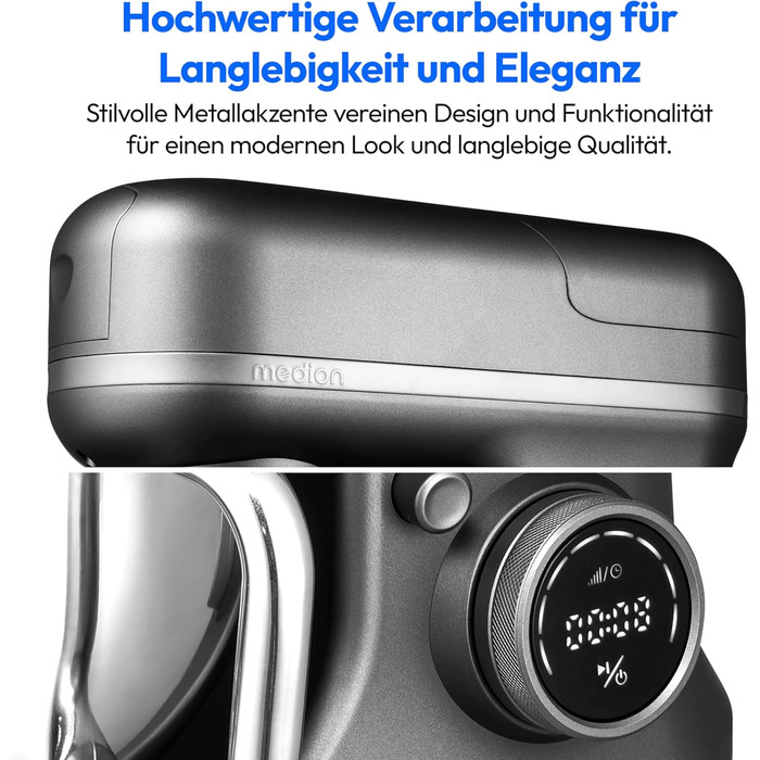 Кухонна машина MEDION Titan: Міксер, м'ясоподрібнювач, 3-в-1, 5 л чаша з нержавіючої сталі, 1200 Вт, натерти, нарізати, цифровий дисплей, 18430