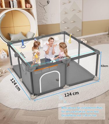 Дитячий манеж Dripex 124x124 см, сірий, з дихаючим мережем, Oxford 210D, для гри та безпеки