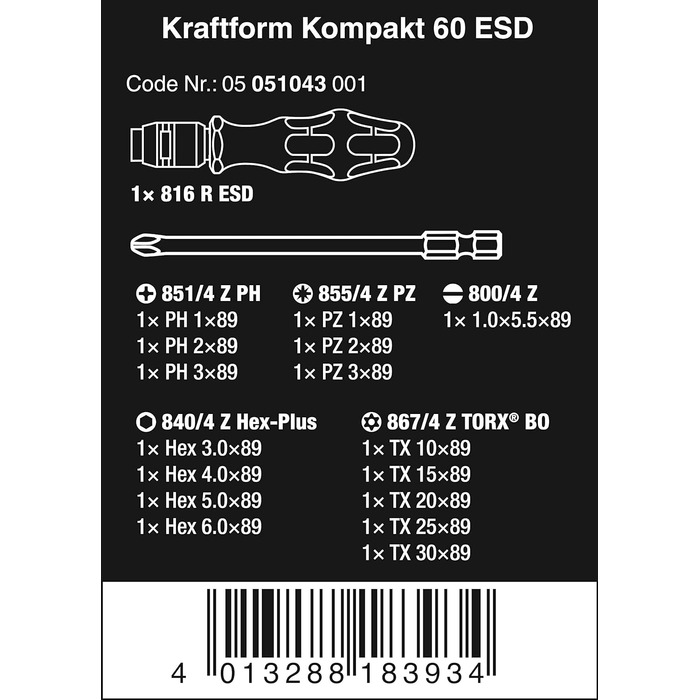 Набір викруток Wera Kraftform Kompakt 60 ESD, 17 предметів, 05051043001