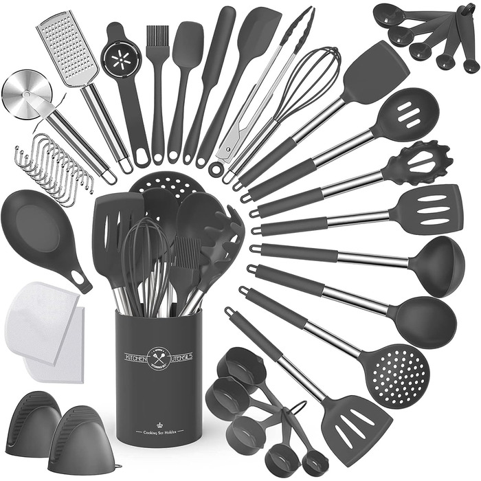 Набір кухонних помічників, 34 шт. Силіконове кухонне приладдя з нержавіючою сталею, стійке до нагріву, з тримачем для посуду, антипригарне, сірий колір