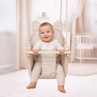 Дитяча гойдалка-колиска MAMOI з ременем безпеки, регульована висота 150-190 см, бежева. Гойдалка для дому, міцна конструкція, велюрове сидіння, легкий монтаж.