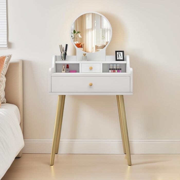 Трюмо YuYe з LED-підсвічуванням, регульованою яскравістю, з пуфом, 5 шухлядами та 3 полицями, сучасний дерев'яний комод для макіяжу білого кольору (121)