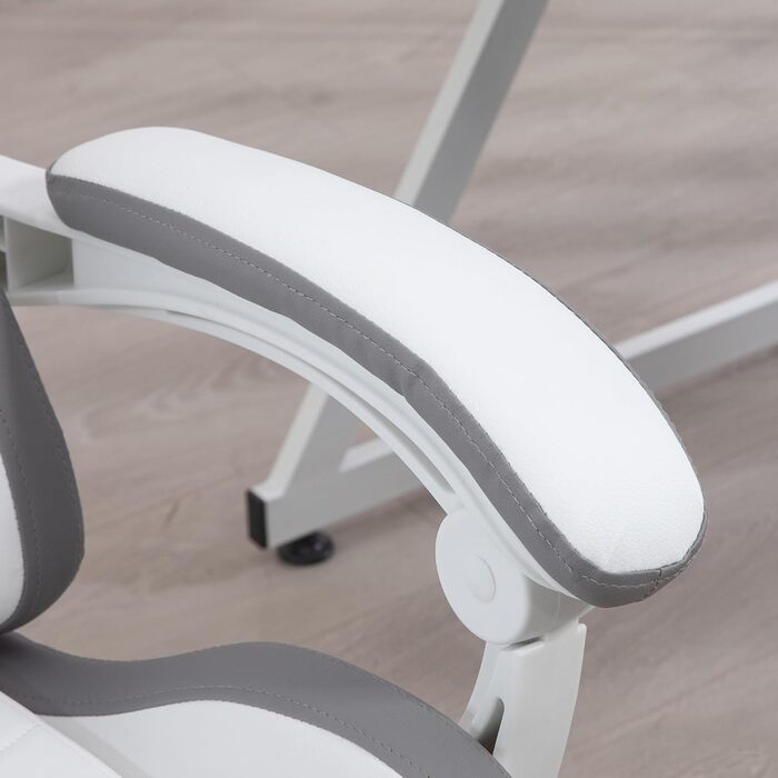 Крісло ігрове Vinsetto Ergonomic з регульованою підніжкою, спинкою 135°, підголівником та поперековою підтримкою, поворотне на 360°, PU шкіра, білий/сірий