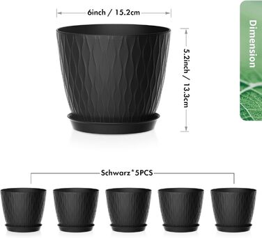 Набір горщиків для квітів з системою поливу (5 шт.), 17.8 см, з підставкою, для дому та балкону (чорний)