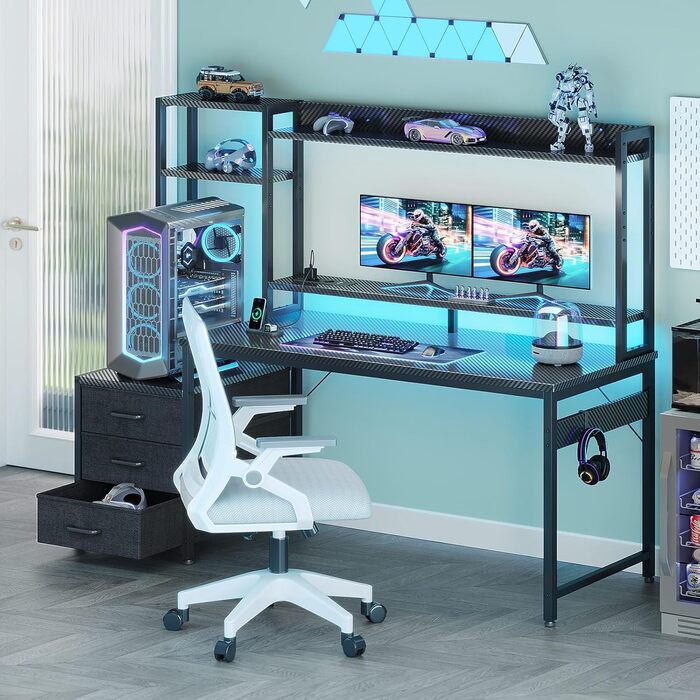 Ігровий стіл Coleshome з полицею та шухлядами, 137×48 см. Стіл для ігор з LED-підсвічуванням, розеткою, полицями та підставкою для монітора. Вуглецеве волокно, чорний колір