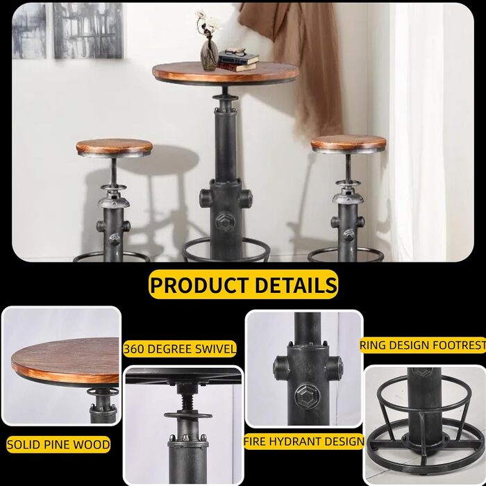 Столик барний вінтажний в індустріальному стилі, дизайн як пожежний гідрант, на 2-3 особи, регулювання висоти 98-112,8 см (срібляний)