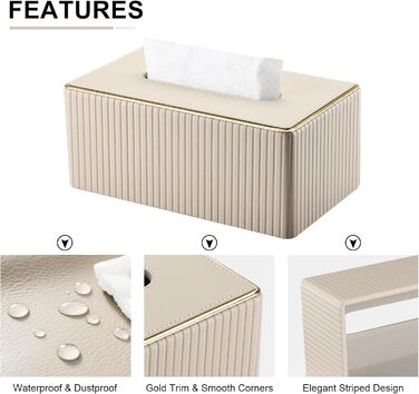 Склянка для серветок KINGFOM з золотим краєм, з PU шкіри, для вітальні, ванної кімнати та офісу (Бежева, прямокутна)